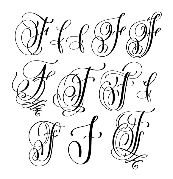 Kalligrafie belettering script F lettertypeset, hand geschreven handtekening — Stockvector