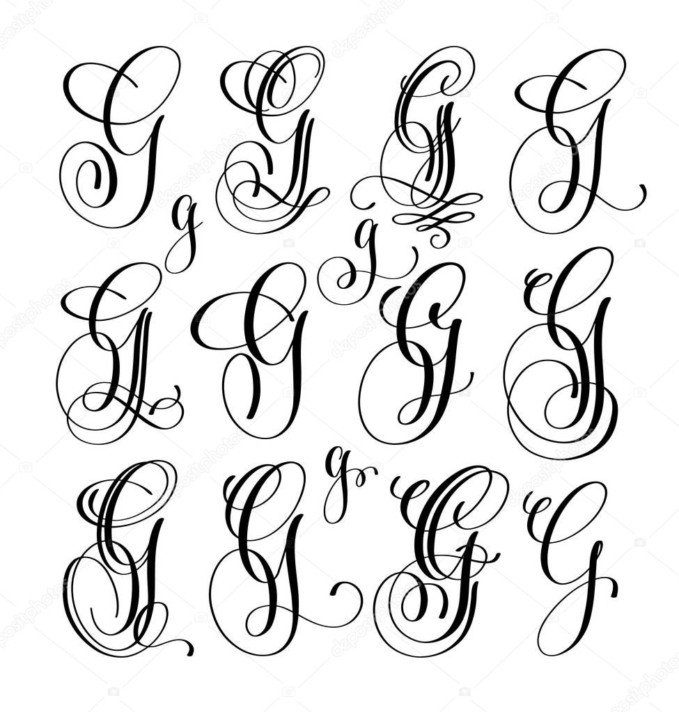 Calligraphy lettering script font G set, hand written signature letter design, vector illustration