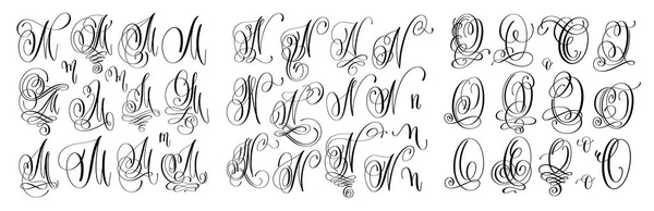 Kalligrafie letters instellen M, N en O, script lettertype — Stockvector