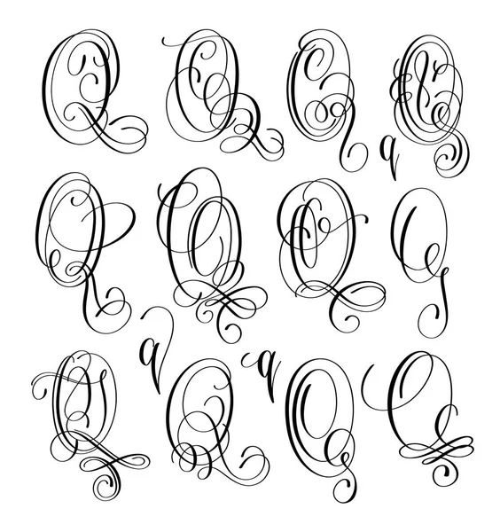 Kalligraphie Schrift Schriftart q set, handgeschrieben — Stockvektor