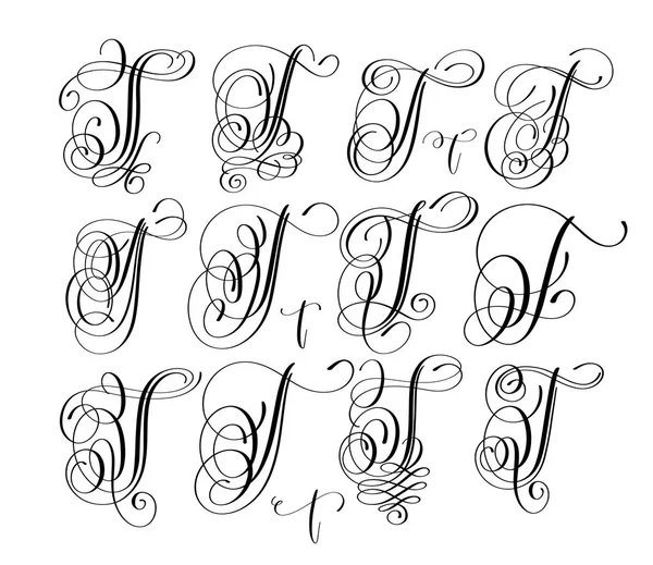 Calligraphy lettering script font T set, hand written — Stock Vector