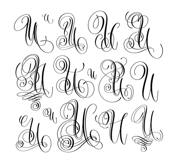 Шрифт каллиграфического письма U set, рукописный — стоковый вектор