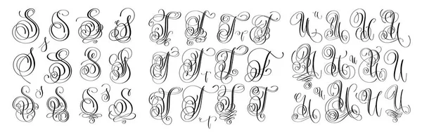 Kalligrafie letters instellen S, T en U, script lettertype — Stockvector