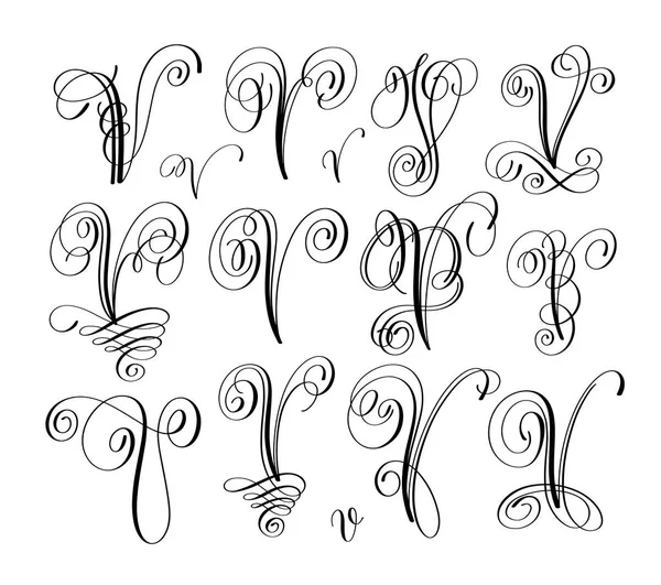 Caligrafia lettering script fonte V set, escrita à mão —  Vetores de Stock