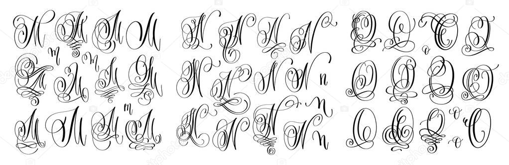 Calligraphy letters set M, N and O, script font Isolated on white written with ink, vector illustration