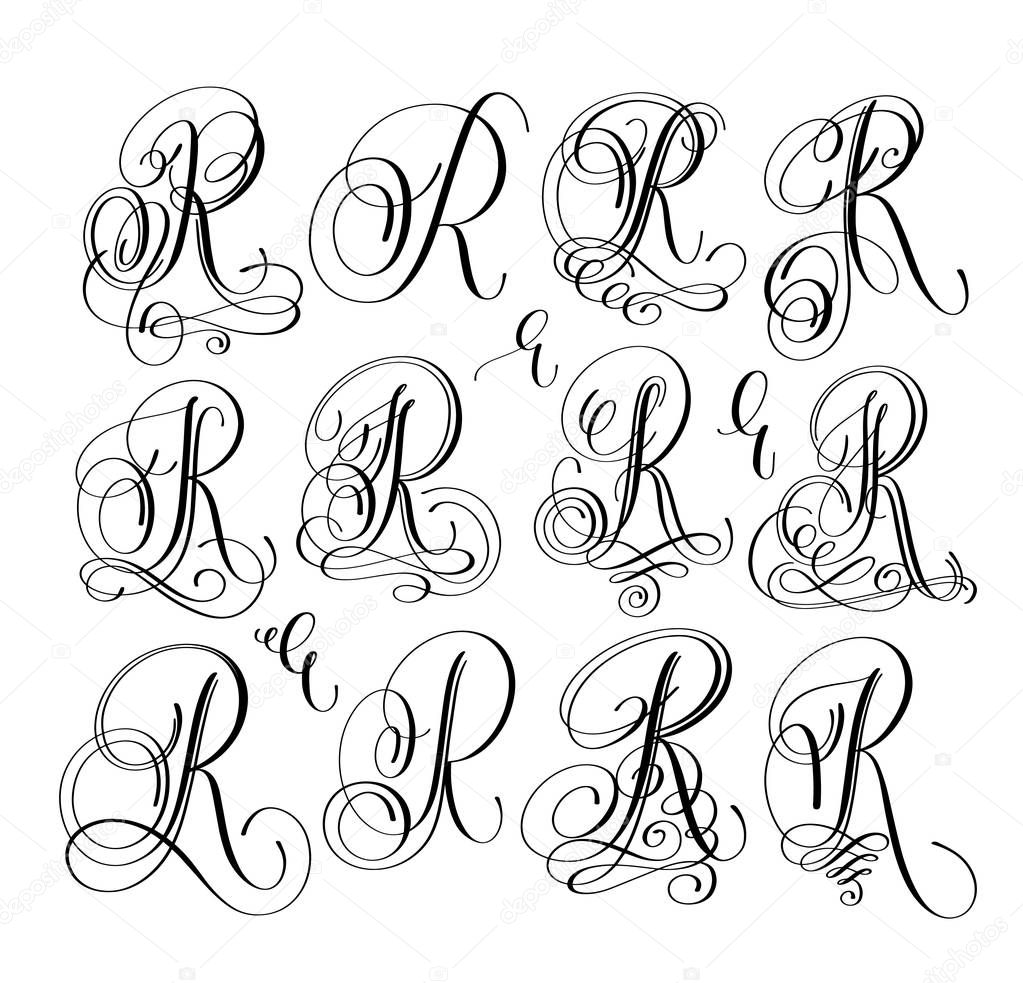 Calligraphy lettering script font R set, hand written signature letter design, vector illustration
