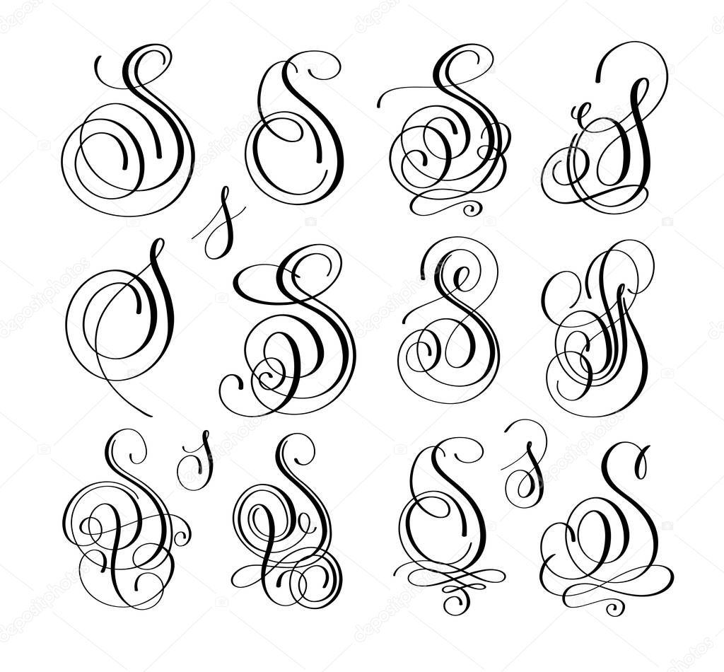 Calligraphy lettering script font S set, hand written signature letter design, vector illustration