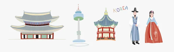 Set van doodle platte vector illustratie van pagode in Gyeongbokgung Palace, Seoul Tower, paar in traditionele Koreaanse jurken — Stockvector