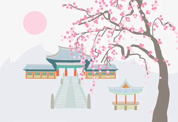 Tekening van een boeddhistische tempel op een achtergrond van zonsondergang en bloeiende sakura — Stockvector