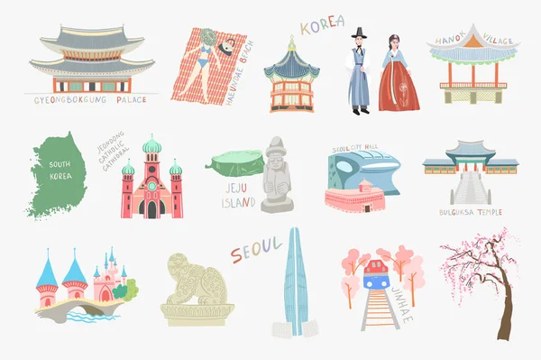 Conjunto de doodle plano vector ilustración lugares de interés y atracciones de Corea del Sur — Archivo Imágenes Vectoriales