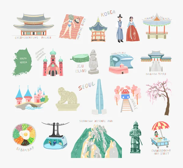 Conjunto de doodle vector plano ilustración vistas de Corea del Sur para tarjeta de viaje — Archivo Imágenes Vectoriales