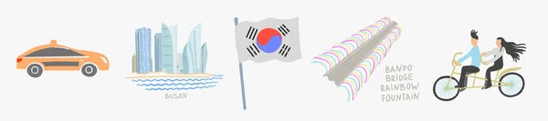 Conjunto de doodle plano vetorial ilustrações vistas e atrações da Coréia do Sul — Vetor de Stock