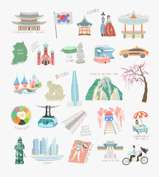 Conjunto de 25 doodle vector plano ilustración lugares de interés y atracciones de Corea del Sur — Archivo Imágenes Vectoriales