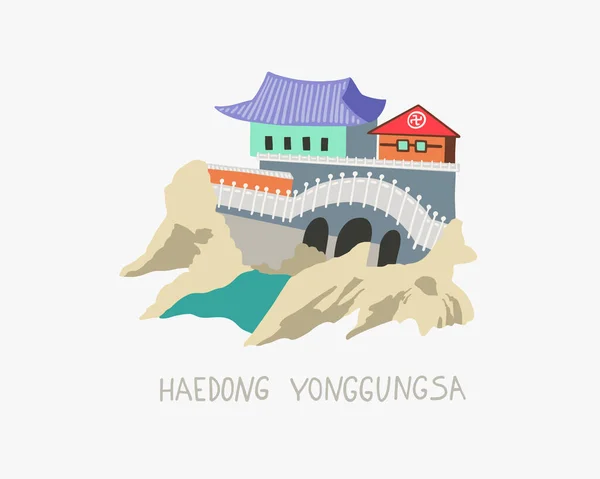 Doodle ilustração vetorial plana de Haedong Yonggungsa templo à beira-mar em Busan, Coreia do Sul — Vetor de Stock