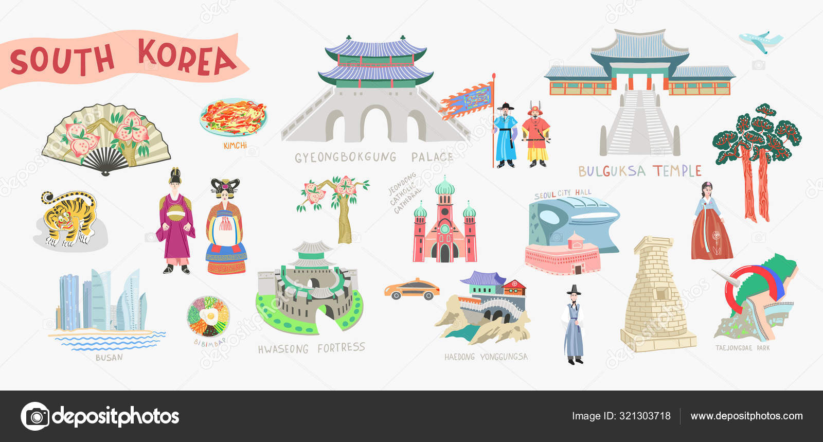 Set of doodle flat vector illustration of south korea signs and symbols