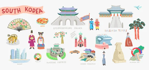 Set van doodle platte vector illustratie van Zuid-Korea tekens en symbolen — Stockvector