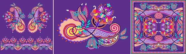 Set of floral pattern in indian kalamkari oriental ethnic style, paisley design bandanna — Stock Vector
