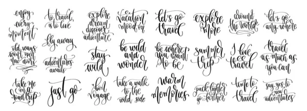 Set of 25 travel positive quotes, motivation and inspiration discover adventure hand lettering text — Stock Vector