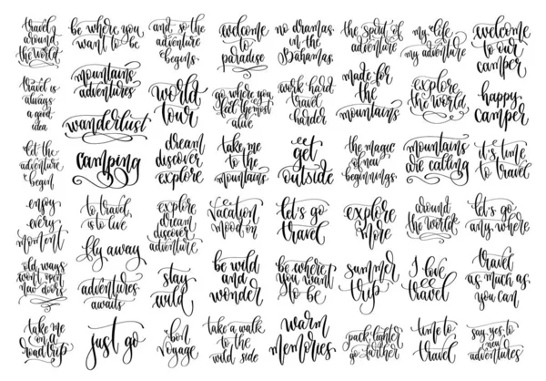 Set van 50 reizen positieve citaten, motivatie en inspiratie ontdek avontuur hand belettering tekst — Stockvector