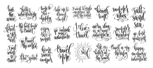 Set of 25 travel positive quotes, motivation and inspiration discover adventure hand lettering text — Stock Vector