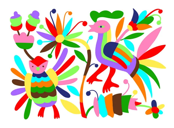 Meksika kabilesinin kuş, hayvan ve çiçek desenli nakış şekli — Stok Vektör