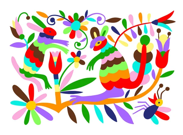 Modello messicano tribale ricamato otomi stile con uccello, animale e fiore — Vettoriale Stock