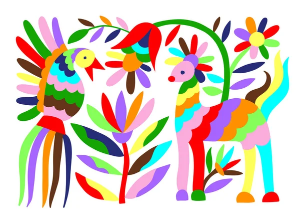 Padrão de estilo otomi bordado tribal mexicano com pássaro, animal e flor — Vetor de Stock