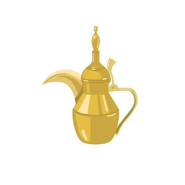 Dallah théière arabe dorée traditionnelle, pot en métal avec un long bec, icône dans le style de dessin animé plat isolé sur un blanc — Image vectorielle