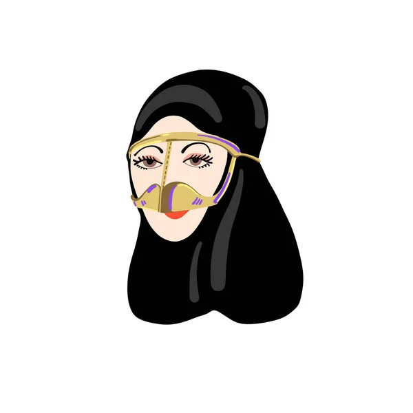 Hand drawing icon of muslim beautiful women portrait in traditional burga mask and abaya — Stock vektor