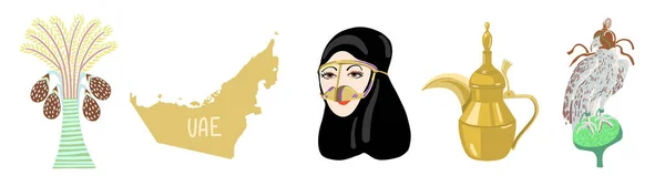 Komplet ręcznie rysowanych symboli ikon z Dubaju, Zjednoczone Emiraty Arabskie, Bliski Wschód — Wektor stockowy