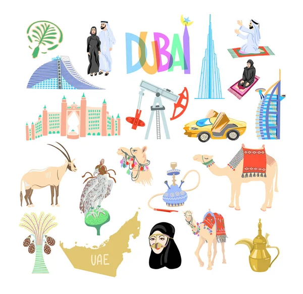 Sada 20 ikon ručně kreslených z Dubaje, Spojených arabských emirátů, Blízkého východu — Stockový vektor