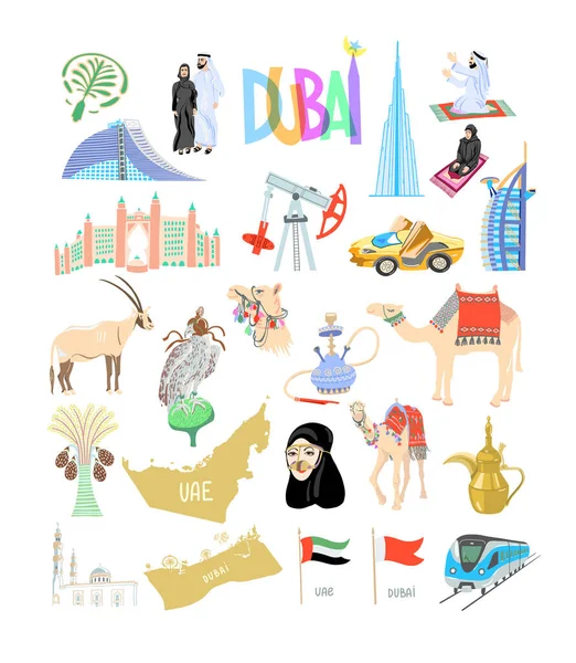 Набір з 25 малюнків з ікони в Дубаї, Об "єднані Арабські Емірати, Близький Схід — стоковий вектор