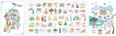 set of 50 doodle vector illustration - sights of South Korea travel collection clipart