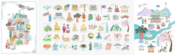 Set of 50 doodle vector illustration - sights of South Korea travel collection — Stock Vector