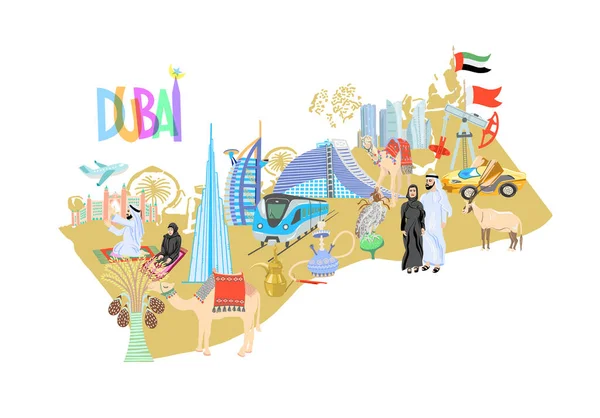 Dubai map with hand drawing icons symbols, United Arab Emirates, Middle East — 스톡 벡터