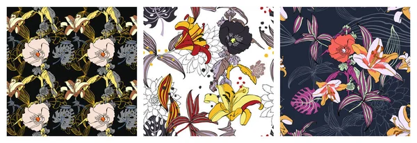 Ensemble de motif de fleurs artistiques sans couture tendance originale, beau fond exotique floral tropical — Image vectorielle