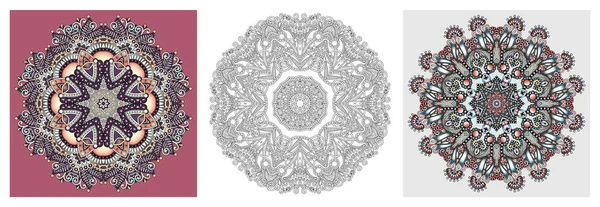 Set of mandala circle lace ornament, round ornamental geometric doily pattern in indian kalamkari style — Stock Vector