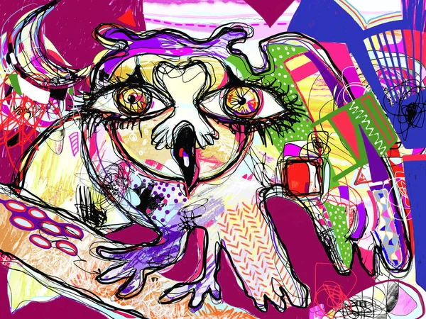 Pop kunst origineel kunstwerk hedendaags digitaal schilderij van doodle fantasie uil met grote ogen — Stockvector