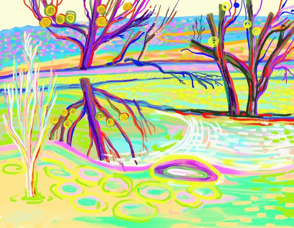 Ursprungliga digitala konstverk av ljusa landskap med träd på en flod — Stock vektor