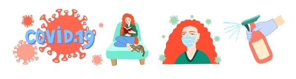 Ensemble de symboles de dessin à la main covid 19, objet de quarantaine coronavirus et femmes aux cheveux roux dans un style plat — Image vectorielle