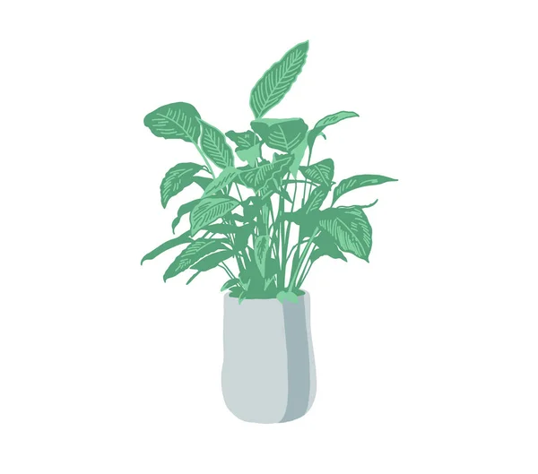Domácí květináč v květináči, zelená rostlina s listy, plochý styl — Stockový vektor