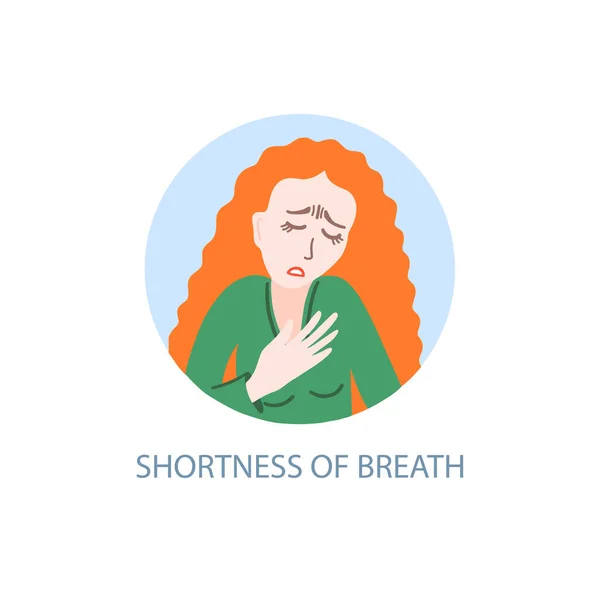 Shortness of breath - symptom of coronavirus, hand drawing icon, sick girl with red hair tries to breathe — Stock Vector