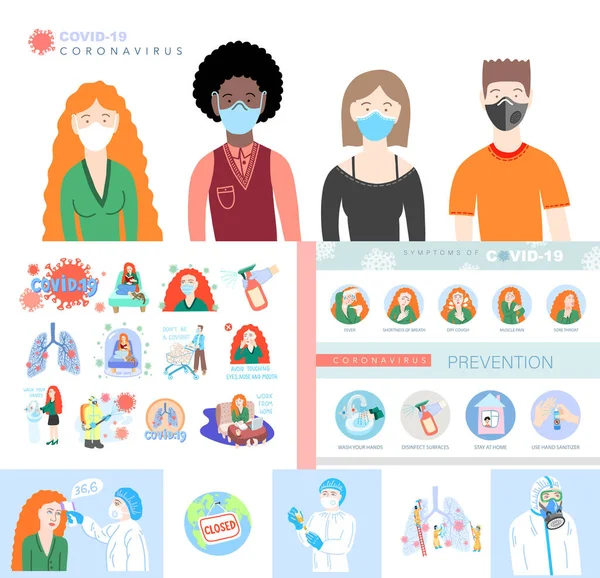 Serie di illustrazioni coronavirus, segni e simboli di covid-19 - sintomi e prevenzione in stile piatto, persone e medici — Vettoriale Stock