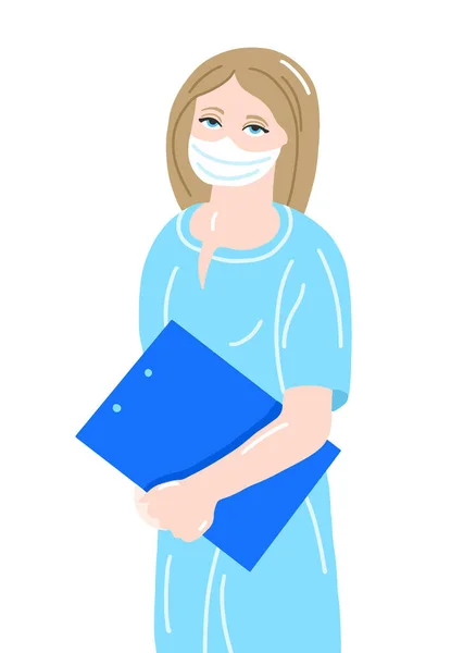 Fiatal ápolónő kézrajza orvosi maszkban és fehér alapon elszigetelt háziköntösben — Stock Vector