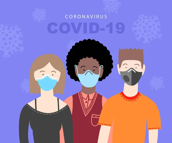 Covid-19 coronavirus αφίσα με τρία άτομα σε ιατρικές μάσκες — Διανυσματικό Αρχείο