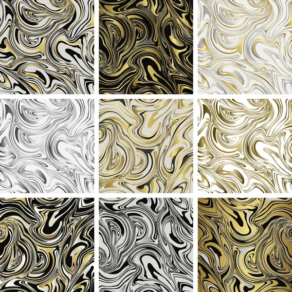 Eine Reihe abstrakter Hintergründe. Tusche marmorierende Texturen. schwarz und gold. — Stockvektor