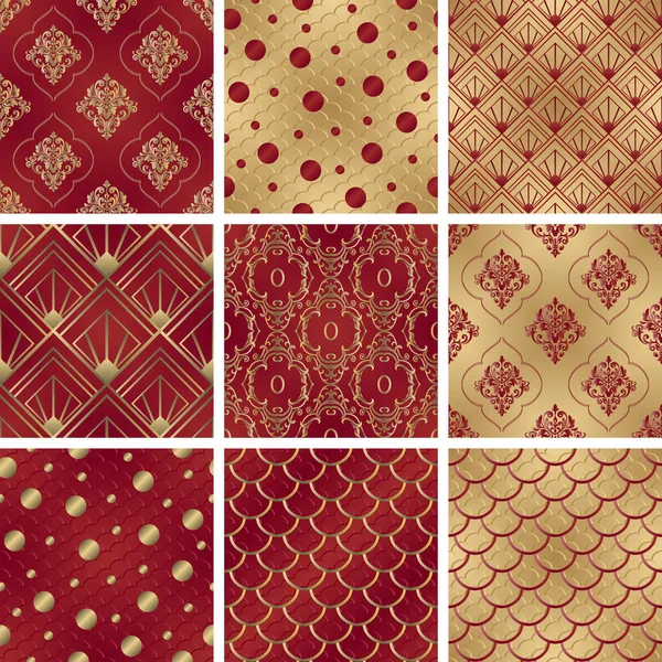Een aantal abstracte achtergronden. Art deco naadloos patroon. Rood en — Stockvector