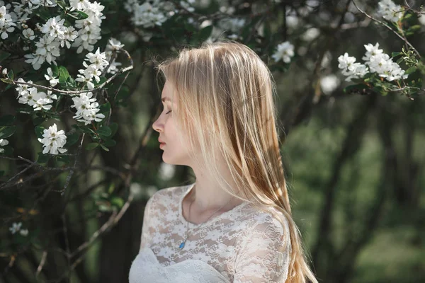 Spring beautiful romantic girl, blonde, enjoying blooming apple trees in swarn sunny day — Stock Photo, Image