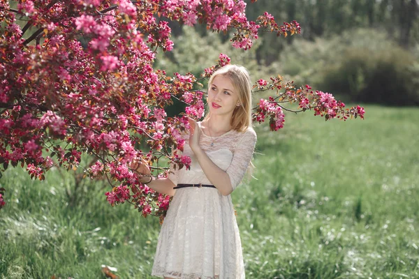 Красива молода блондинка насолоджується сонячним днем у парку під час сезону вишневого цвітіння в гарний весняний день — стокове фото