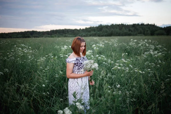 Linda morena no campo de verão à noite com buquê de flores do prado — Fotografia de Stock